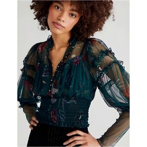 Free People Teal Mesh Smocked Boho Cropped Top, XS